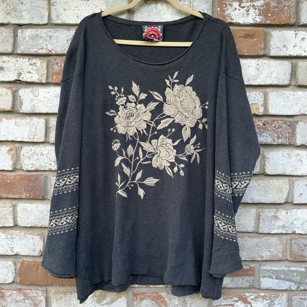 Johnny Was Gray Floral Embroidered Sweatshirt